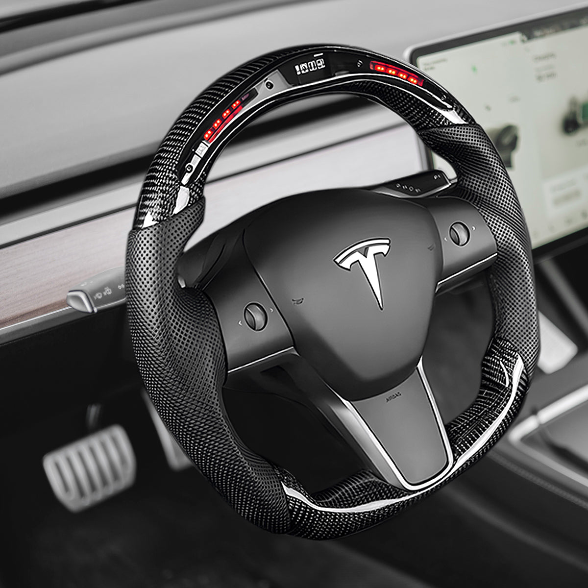 LED Carbon Fiber Steering Wheel with Lights for Tesla Model 3 / Y【Style 4】 - Tesery Official Store