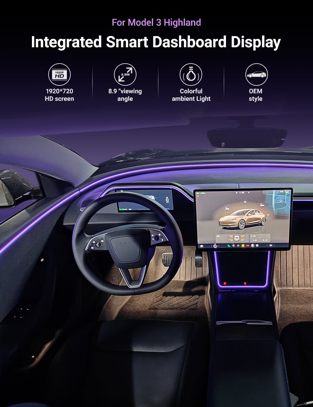 TESERY 8.9'' Integrated Dashboard Display with Ambient Lighting for Model 3 Highland - Tesery Official Store