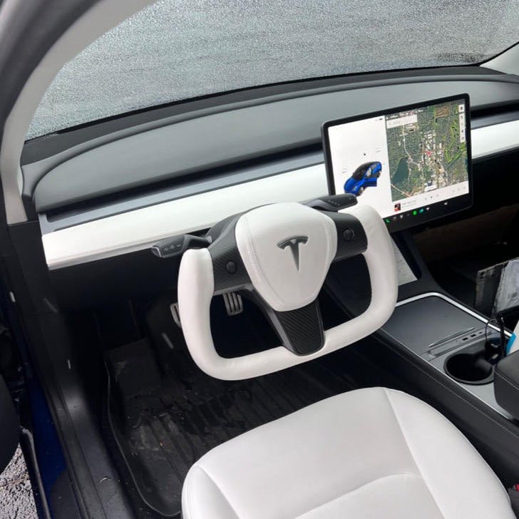 White Leather Yoke Steering Wheel for Tesla Model 3 / Y 【Style 7】 - Tesery Official Store